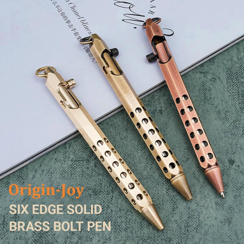 Origin-Joy 2 Pack Bolt Action Pen Set, Six Edge Solid Brass EDC Pocket Tactical Pen With 20 Ballpoint Refills (Natural Brass & Red Bronze) - Image 2